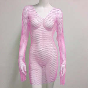 Detail of pink fishnet dress with sparkling rhinestones and elegant deep V-neckline
