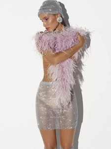 Détail de la mini-jupe résille à strass brillants avec textures de plumes roses de luxe
