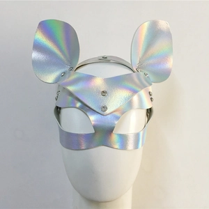 Holographic leather animal ear mask with iridescent laser effect and metallic rivets