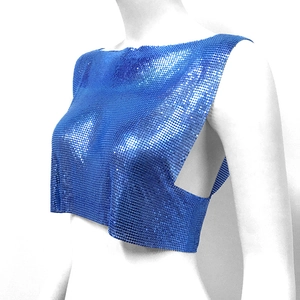 Detail view of the blue metallic sequin mesh fabric on a sexy fashion party crop top