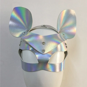Detail of holographic silver laser leather cat mask with rhinestones for masquerade parties