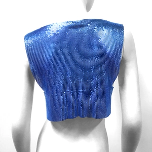 Detailed back view of a shiny blue metallic sequin crop top on a white mannequin
