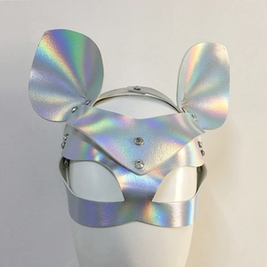 Close-up of holographic leather cat ear mask with rhinestones for costume parties