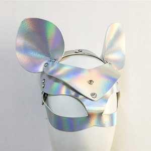 Holographic leather cat ear mask with silver rhinestones for masquerade party and cosplay