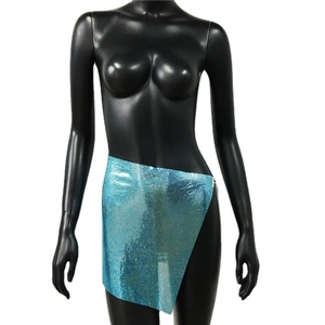 Sexy bright blue metal sequin mini skirt with asymmetrical cut for party wear