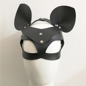 Cat ear leather mask in matte black with silver studs for masquerade and cosplay