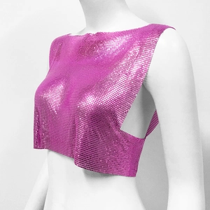 Detailed side view of rose red metallic sequin mesh crop top showing shiny texture