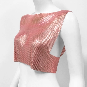 Detail view of rose gold metal sequin mesh crop top with halter neck and reflective shine