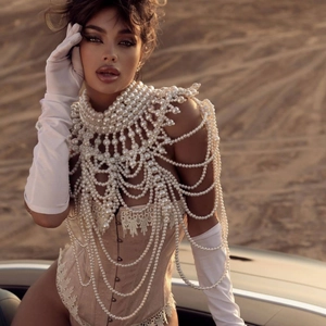 Vintage multilayer pearl body chain shawl with fringe for elegant luxury party wear