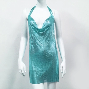 Detailed view of the turquoise metallic sequin cowl neck dress for parties
