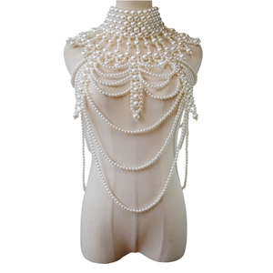 Elegant multi-layer white pearl body chain harness with fringe tassels for party wear