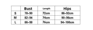 Size guide table for sparkly party dress showing bust, length, and hip measurements in cm