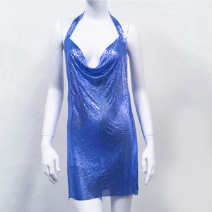 Detail of royal blue metal mesh halter dress with shimmering sequins and cowl neck