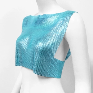 Side view of metallic blue chainmail crop top with backless design on a white mannequin