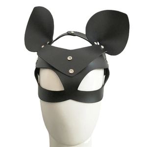 Black PU leather cosplay mask with large round ears and silver rivets on white mannequin