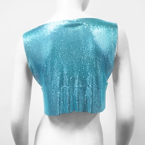 Detailed back view of a teal blue metallic sequin crop top on a white mannequin