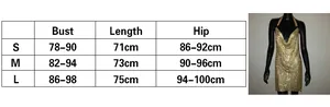 Size chart for golden sequin halter mini dress with bust, length, and hip measurements