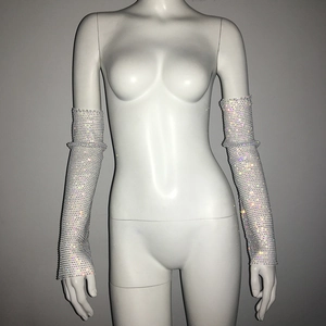 Detail of sparkling rhinestone mesh arm sleeves and leg covers set with elastic silver crystals