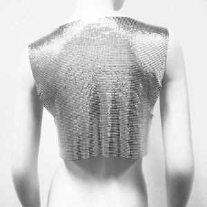 Close-up of metallic sequin crop top featuring detailed silver chainmail link mesh