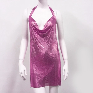 Detail of hot pink metallic mesh mini dress with deep V-neck and halter design