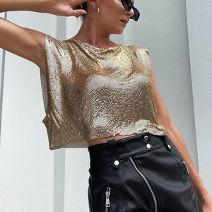 Women Sexy Metal Mesh Sequin Crop Top Backless Nightclub Party Tank Top Punk Style Sleeveless Aluminum Mesh Halter Top