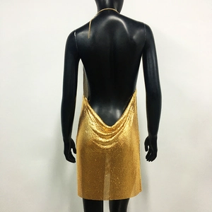 Rear view of gold metallic sequin halter mini dress with sexy backless design