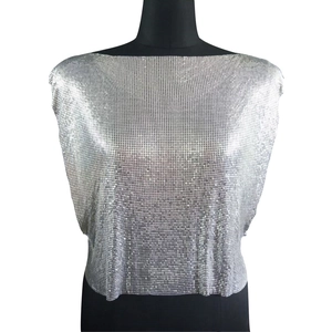 Silver metallic mesh sleeveless top featuring a sequin texture for party and club wear