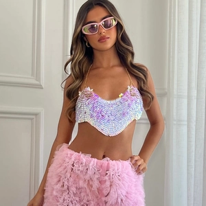 Haut sexy en paillettes en forme de cœur avec chaînes dorées style Y2K pour fête