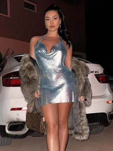 Robe Mini Sexy en Maille Métallique pour Femmes avec Col Bénitier Dos Nu Soirée Night-club Fente Moulante à Paillettes