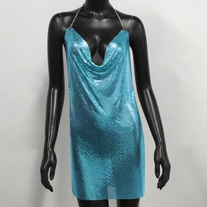 Detail of blue metal mesh chainmail mini dress with plunging V-neck and halter straps