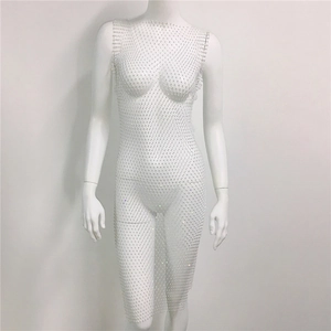 Close-up of mesh rhinestone dress featuring a sparkling fishnet texture and crystal beads