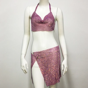 Detailed view of pink rhinestone halter top and side slit skirt set for party