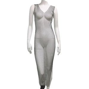 Sexy black fishnet rhinestone hollow out beach cover up dress with V-neck for women