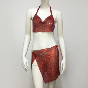 Detailed view of red rhinestone two-piece set with halter crop top and mini skirt
