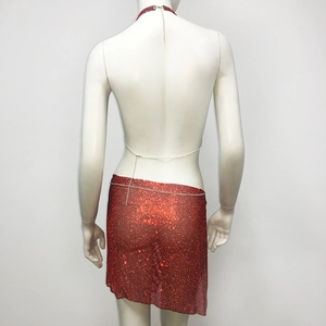 Rear view of red sequin mesh two-piece set with halter neck top and mini skirt