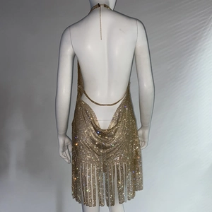 Vue arrière détaillée de la robe dos nu à paillettes dorées avec ourlet à franges