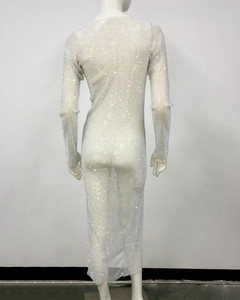 Detailed back view of a white mesh maxi dress with sparkling rhinestones and slim fit