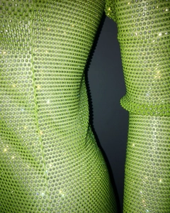Detail of neon green fishnet dress featuring sparkling silver rhinestones and long sleeves