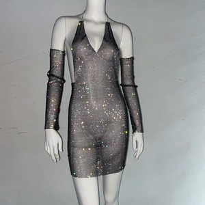 Detail of sparkling rhinestone mesh mini dress with matching detached long sleeves
