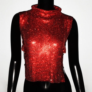 Detail of red rhinestone mesh crop top featuring a high neck and shimmering metal finish