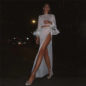 Sexy Luxury Rhinestone Mesh Top And High Slit Long Skirt Outfit With Ostrich Feather Sleeves Party Evening Women Apparel