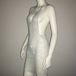 Close-up detail of silver rhinestone mesh mini dress with shimmering crystal accents