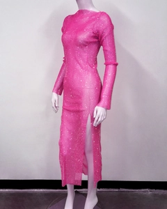 Close-up of rose red mesh dress featuring sparkling rhinestones and high side slit detail