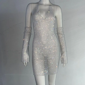 Detail of silver rhinestone mesh dress with matching long sparkling arm sleeves