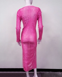 Macro detail of rose pink mesh maxi dress with sparkling silver rhinestones and bodycon fit