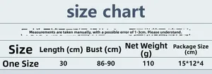 Size chart for sequin tank top with measurements for length, bust and net weight