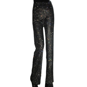 Pantaloni svasati neri a vita alta da donna con strass scintillanti su tutto il capo