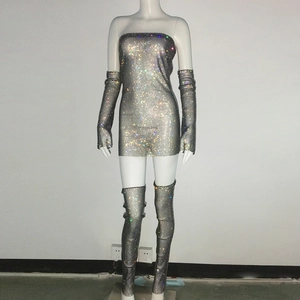 Detailed view of silver rhinestone mesh dress with matching arm sleeves and leg warmers