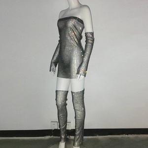 Detail of silver rhinestone fishnet mini dress with matching sleeves and stockings