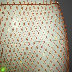 Detail of orange mesh pants featuring sparkling rhinestones and fringe trim on the waist